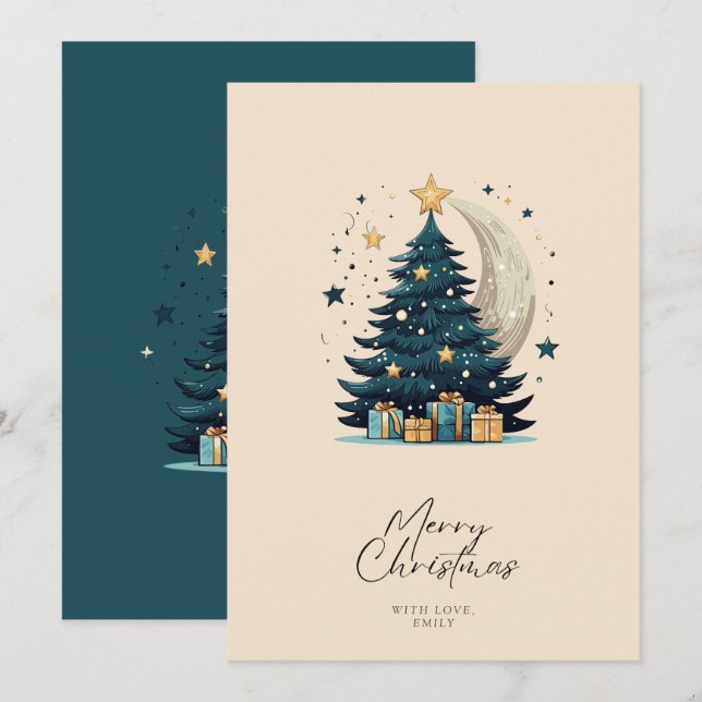Cartes Pour Fêtes Annuelles L'Arbre De Noël Étoiles La Lune (Devant / Derrière)