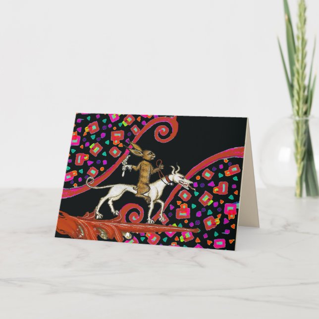 Cartes Pour Fêtes Annuelles LARGE BESTIAIRE MÉDIÉVAL Lapin chevauchant un chie (Devant)