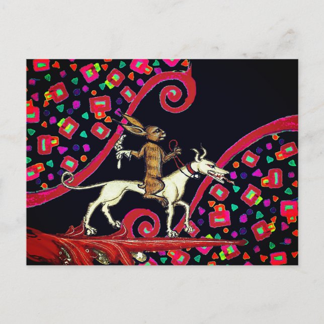 Cartes Pour Fêtes Annuelles LARGE BESTIAIRE MÉDIÉVAL Lapin chevauchant un chie (Devant)