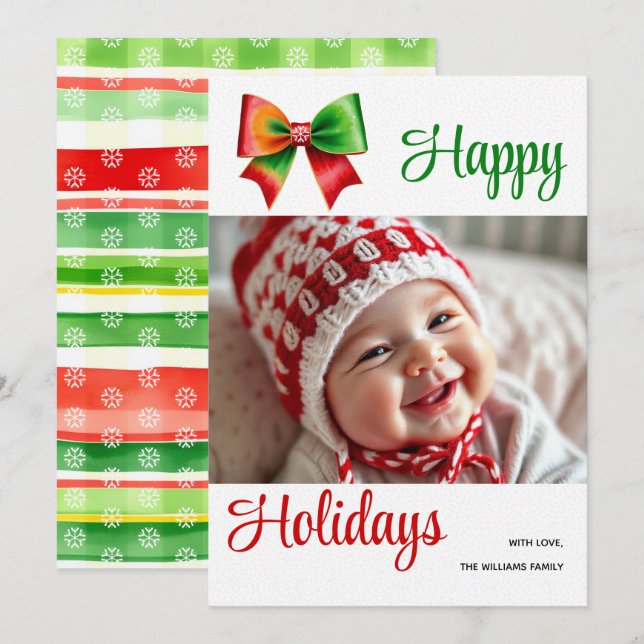 Cartes Pour Fêtes Annuelles Large red, green bow and stripes Christmas photo (Devant / Derrière)