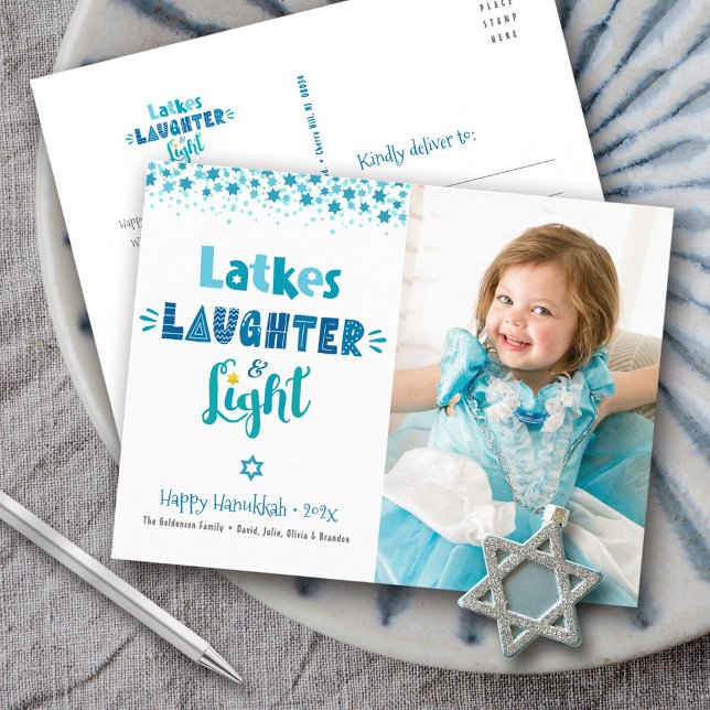 Cartes Pour Fêtes Annuelles Latkes Laughter Light Fun Modern Hanoukka Photo (Créateur téléchargé)