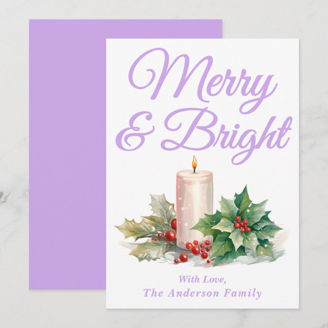 Cartes Pour Fêtes Annuelles Lavender Script manuscrit Joyeux et lumineux (Devant / Derrière)