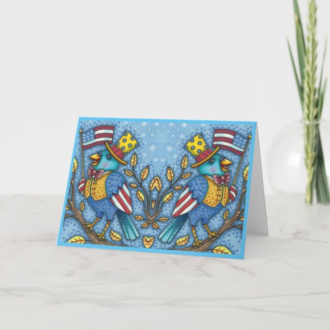 CARTES POUR FÊTES ANNUELLES LE 4 JUILLET, TWEET DE BLUEBIRD, DRAPEAU AMÉRICAIN (Devant)