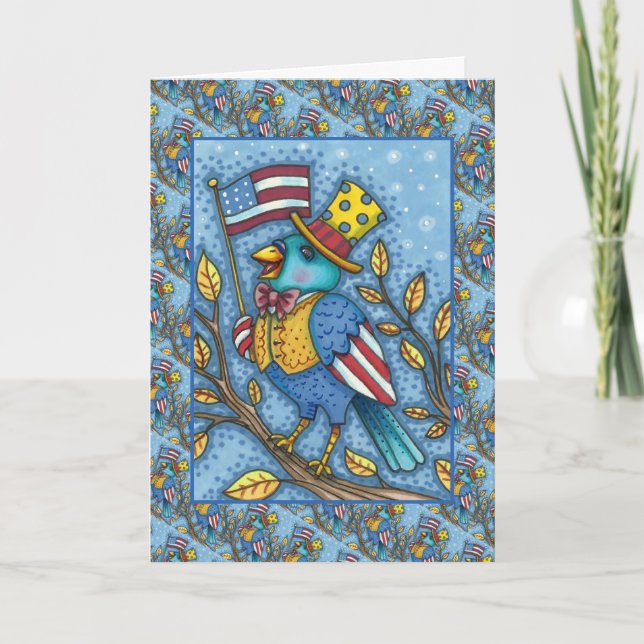 CARTES POUR FÊTES ANNUELLES LE 4 JUILLET, TWEET DE BLUEBIRD, DRAPEAU AMÉRICAIN (Devant)