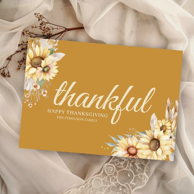 Cartes Pour Fêtes Annuelles Le Bon thanksgiving minimaliste moderne Thankful (elegant minimalist thankful happy thanksgiving cards with watercolor sunflowers and personal message)
