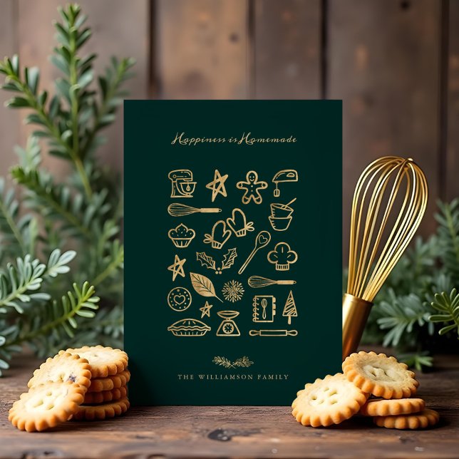 Cartes Pour Fêtes Annuelles Le Bonheur Est Fait Maison Gold & Green Baking Rec (Happiness Is Homemade Gold & Green Baking Recipe Holiday Card)