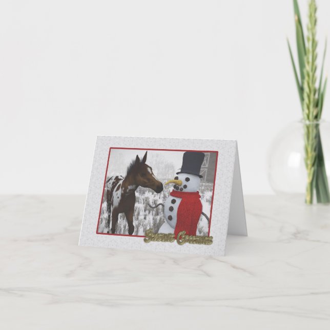 Cartes Pour Fêtes Annuelles Le bonhomme de neige et le curieux poulain (Devant)