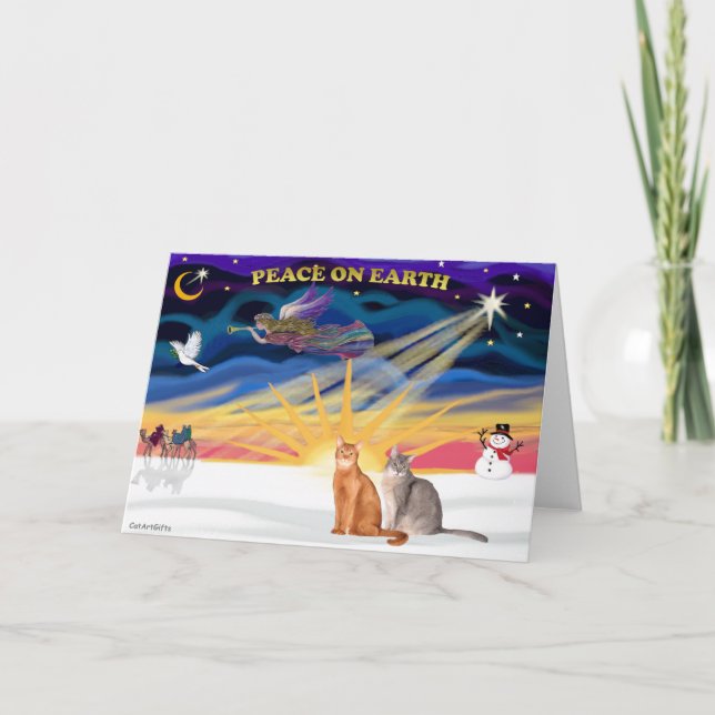 Cartes Pour Fêtes Annuelles Le lever du soleil de Noël - Deux chats abyssinais (Devant)