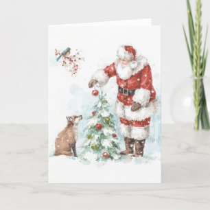 Cartes Pour Fêtes Annuelles Le Père Noël décore un arbre avec sa forêt