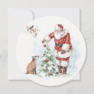 Cartes Pour Fêtes Annuelles Le Père Noël décore un arbre avec sa forêt