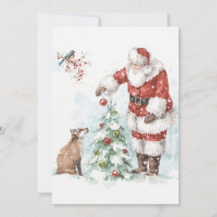 Cartes Pour Fêtes Annuelles Le Père Noël décore un arbre avec sa forêt