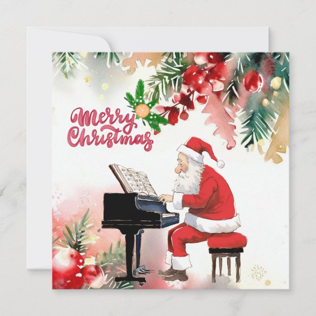 Cartes Pour Fêtes Annuelles Le Père Noël joue au piano Joyeux Noël (Devant)