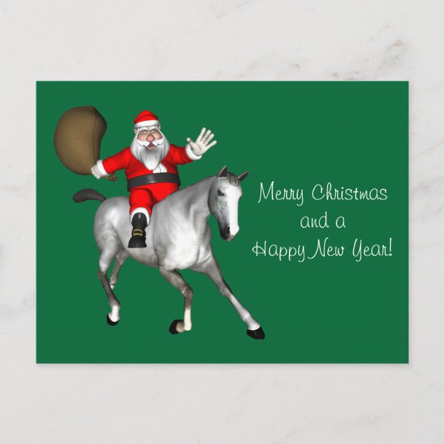 Cartes Pour Fêtes Annuelles Le Père Noël Monte Un Cheval Gris (Devant)