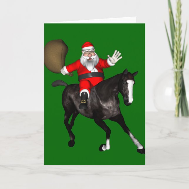 Cartes Pour Fêtes Annuelles Le Père Noël Monte Un Cheval Noir (Devant)