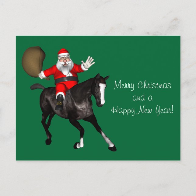 Cartes Pour Fêtes Annuelles Le Père Noël Monte Un Cheval Noir (Devant)