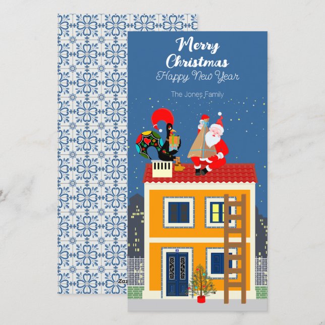 Cartes Pour Fêtes Annuelles Le Père Noël rencontre le Coq portugais (Devant / Derrière)