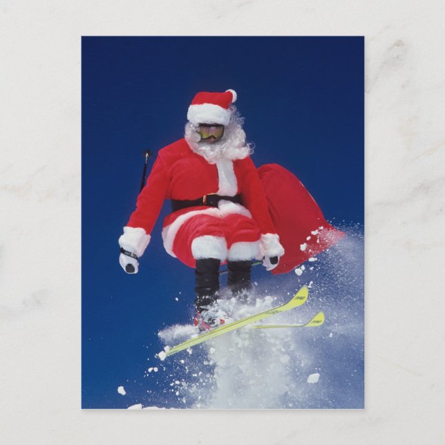 Cartes Pour Fêtes Annuelles Le père noël sur sauter de skis outre d'une (Devant)