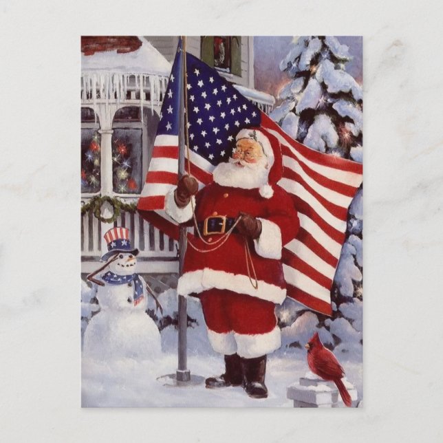 Cartes Pour Fêtes Annuelles Le Père Noël tient le drapeau américain (Devant)