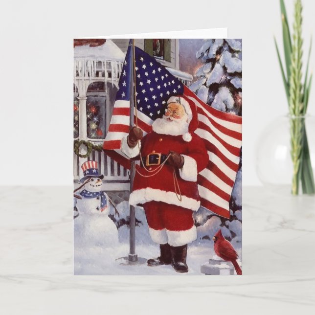 Cartes Pour Fêtes Annuelles Le Père Noël tient le drapeau américain (Devant)