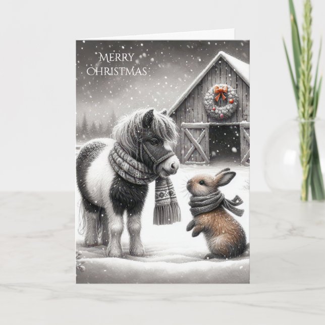 Cartes Pour Fêtes Annuelles Le poney de Noël et le lapin à la ferme (Devant)