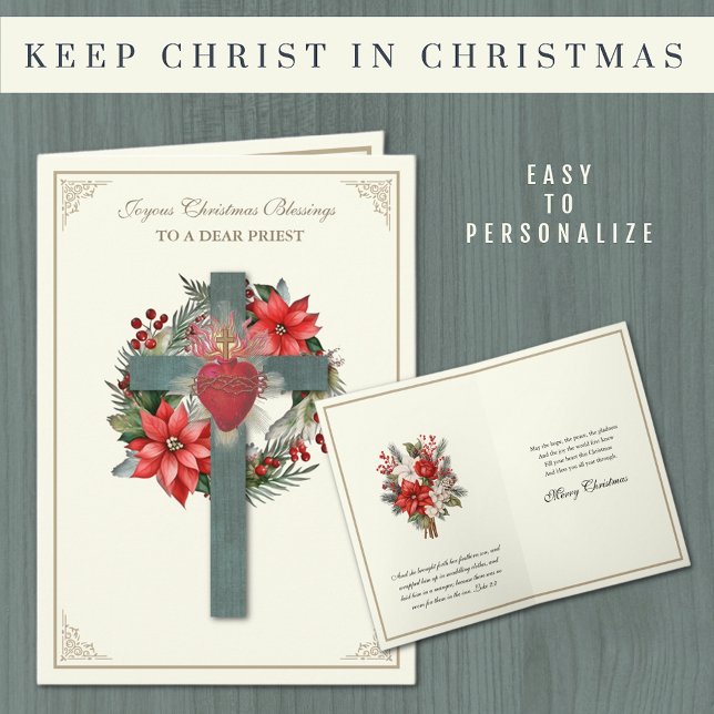 Cartes Pour Fêtes Annuelles Le prêtre catholique Poinsettia Croix Coeur de Jés (Traditional Catholic Priest Christmas Card with Sacred Heart of Jesus and poinsettias.)