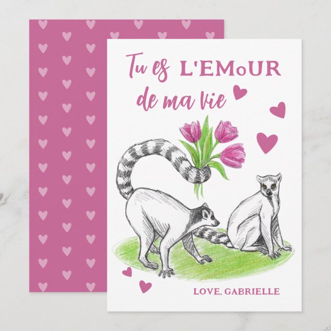 Cartes Pour Fêtes Annuelles Lemur avec Tulipes Amour romantique Drôle Citation (Devant / Derrière)