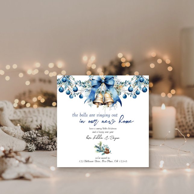 Cartes Pour Fêtes Annuelles Les cloches sonnent Bleu Noël Nouvelle adresse (Bells are Ringing Out New Home Christmas Card by Darling & May)