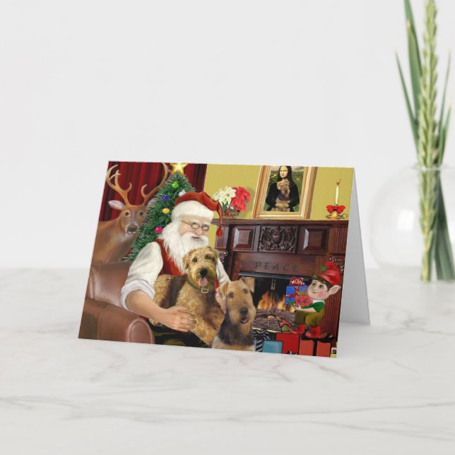 Cartes Pour Fêtes Annuelles Les deux Airedales du Père Noël (Devant)
