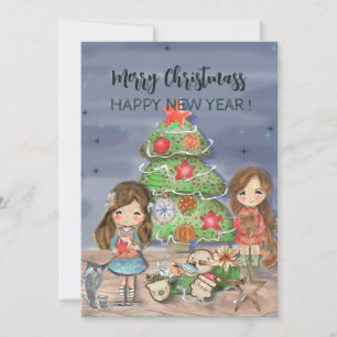 Cartes Pour Fêtes Annuelles Les filles décorant l'arbre de Noël