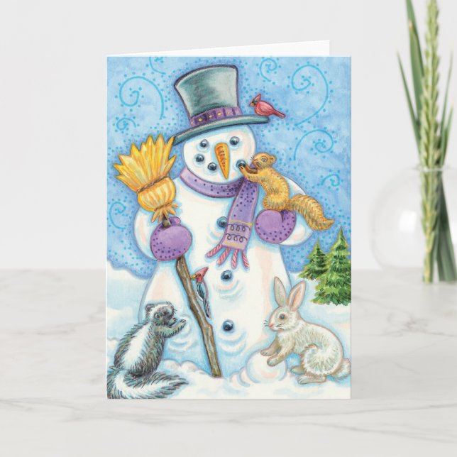 Cartes Pour Fêtes Annuelles Les mignons animaux construire un bonhomme de neig (Devant)