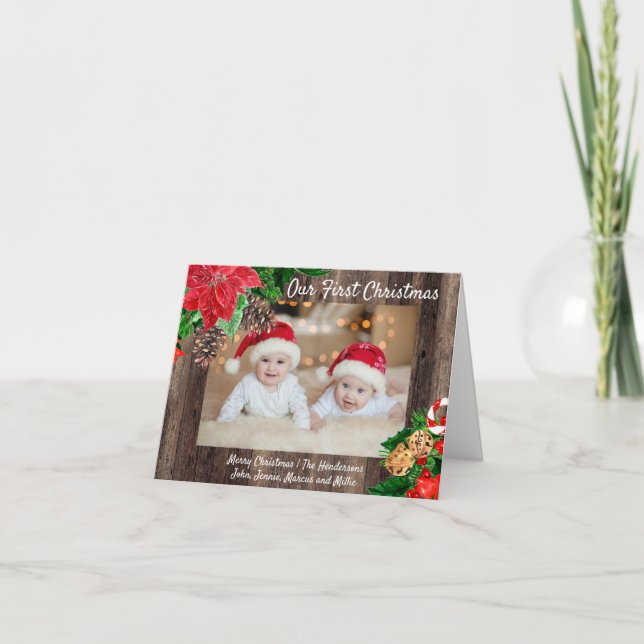 Cartes Pour Fêtes Annuelles Les Poinsettias Rouges en Bois Russe Notre Premier (Devant)