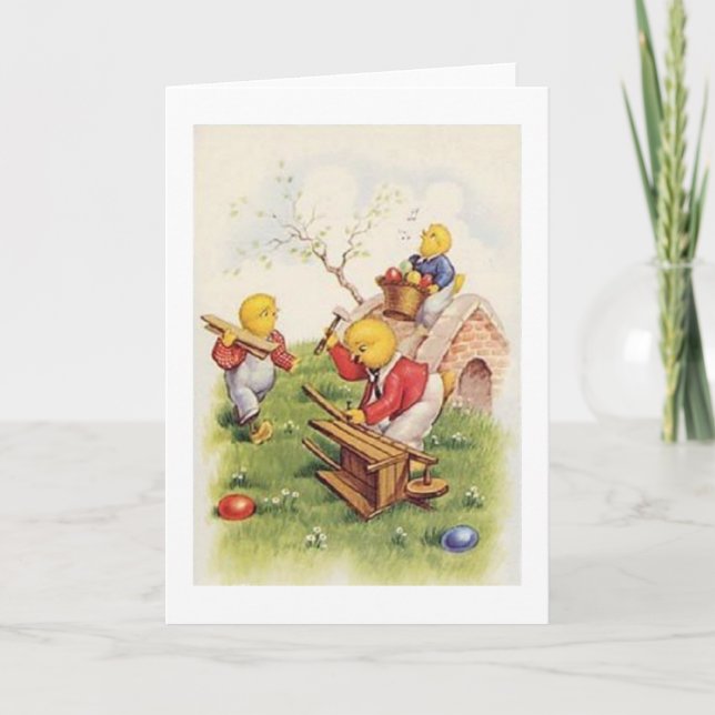 Cartes Pour Fêtes Annuelles Les poussins construisent un chariot de Pâques ! (Devant)