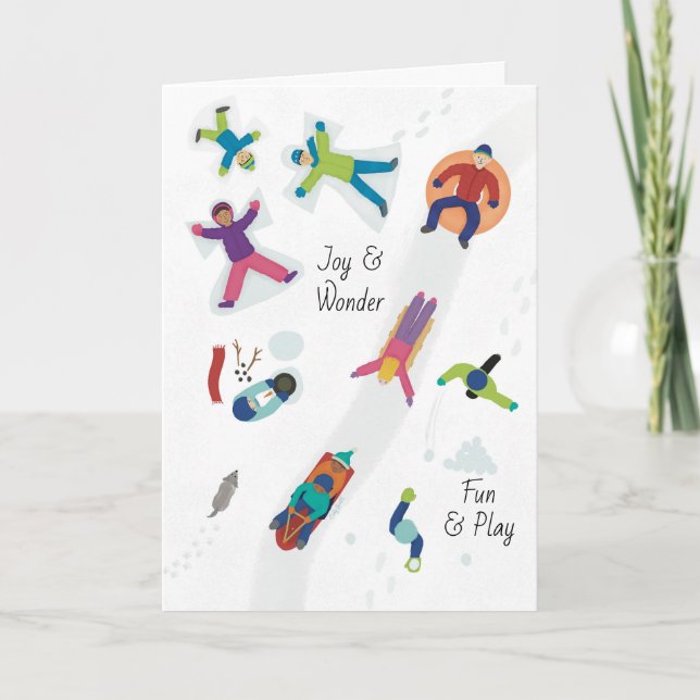 Cartes Pour Fêtes Annuelles Les premiers enfants d'hiver de neige Jouer Anges  (Devant)