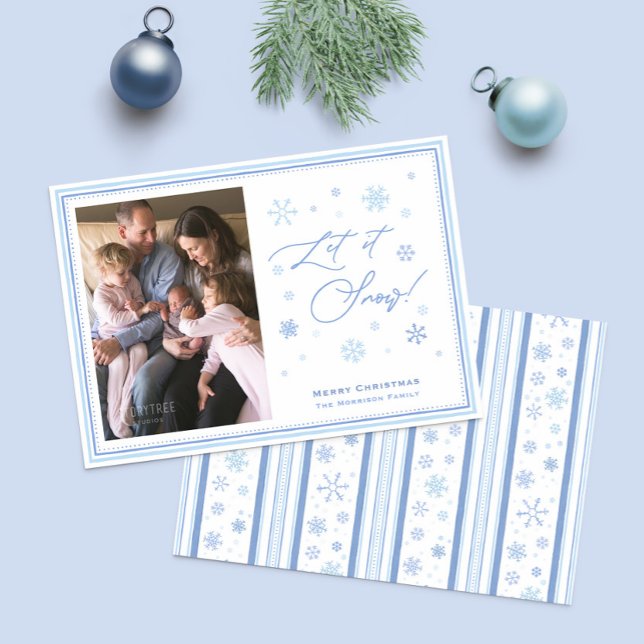Cartes Pour Fêtes Annuelles Let It Snow Photo Joyeux Noël Photo (Calligraphy Let It Snow photo Christmas Cards with regency stripes and snowflakes pattern reverse)