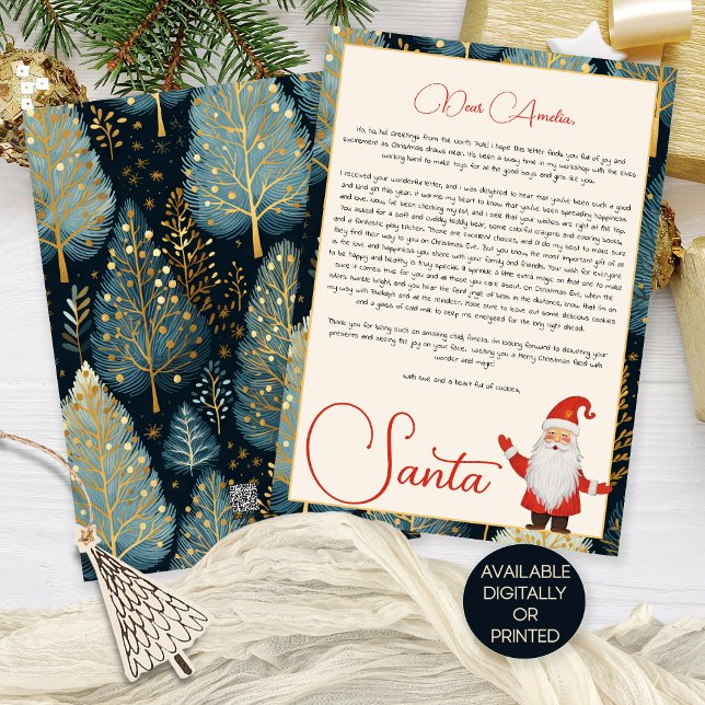 Cartes Pour Fêtes Annuelles LETTRE ARBRE DE Noël Bleu DE Père Noël Card (Front and back view. Available digitally or printed)
