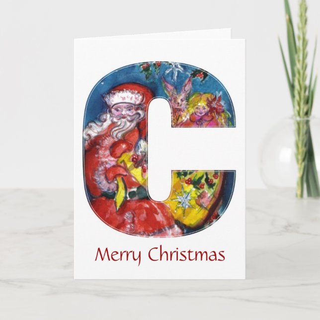CARTES POUR FÊTES ANNUELLES LETTRE C DE NOËL / PÈRE NOËL AVEC CADEAUX MONOGRAM (Devant)