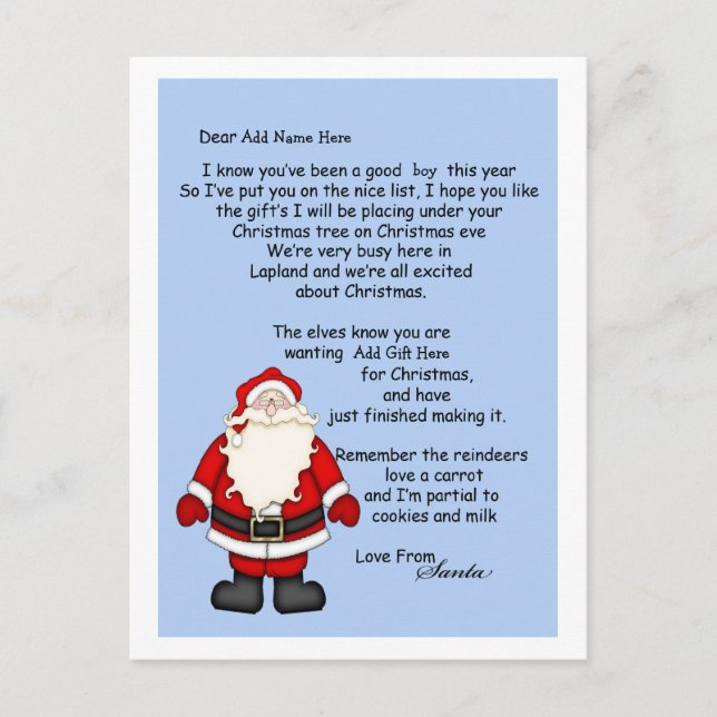 Cartes Pour Fêtes Annuelles Lettre de Père Noël (Devant)