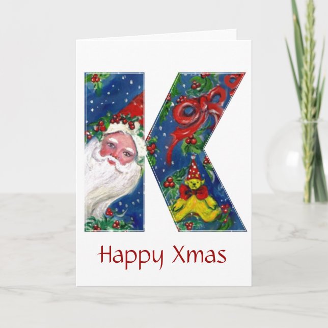 CARTES POUR FÊTES ANNUELLES LETTRE K / SANTA CLAUS AVEC MONOGRAMME ROUGE RIBBO (Devant)