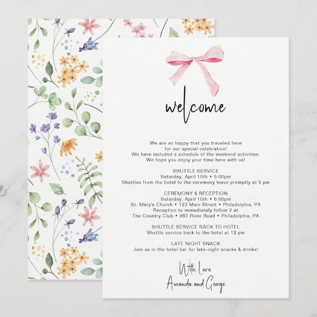 Cartes Pour Fêtes Annuelles Lettre Mariage à fleurs Bow Bienvenue Sac Itinérai (Devant / Derrière)