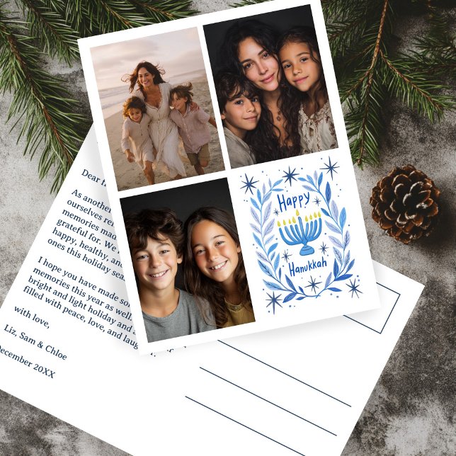 Cartes Pour Fêtes Annuelles LETTRE PHOTO HEUREUSE HANOUKKA CUSTOM 3 Dessinée À (HAPPY HANUKKAH Hand-Drawn CUSTOM 3 PHOTO Letter Holiday Postcard
)