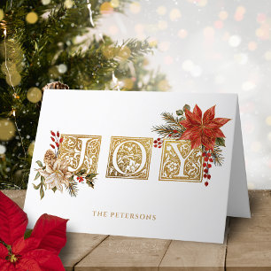 Cartes Pour Fêtes Annuelles Lettres de bloc Joy Illuminé Or avec Poinsettias