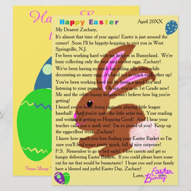 Cartes Pour Fêtes Annuelles Lettres de la personnalisation du lapin de Pâques (Devant / Derrière)