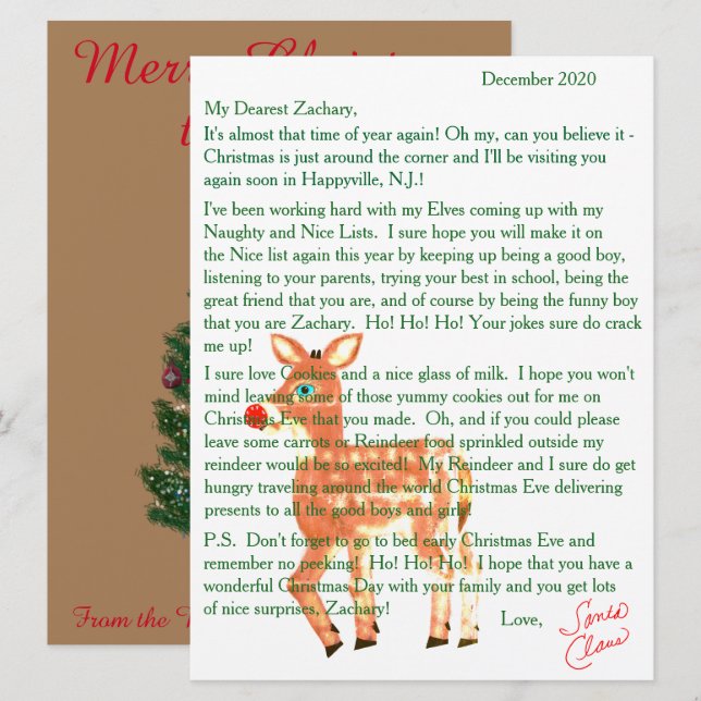 Cartes Pour Fêtes Annuelles Lettres de Père Noël Blue Eyed Reindeer (Devant / Derrière)