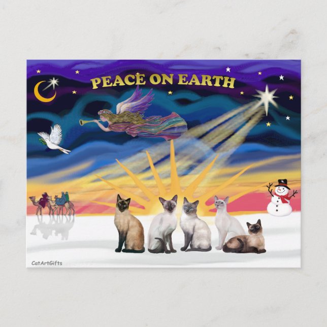 Cartes Pour Fêtes Annuelles Lever de soleil de Noël - 5 chats siamois (Devant)