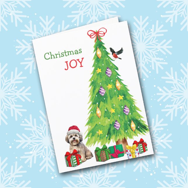 Cartes Pour Fêtes Annuelles Lhasa Apso Chien, Oiseau et Arbre de Noël (Créateur téléchargé)