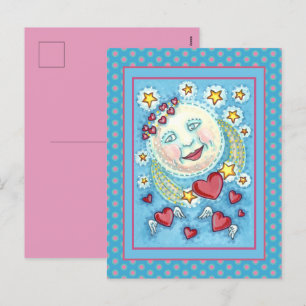 CARTES POUR FÊTES ANNUELLES L'HOMME DE VALENTINE DANS LA LUNE, ÉTOILES ET COEU