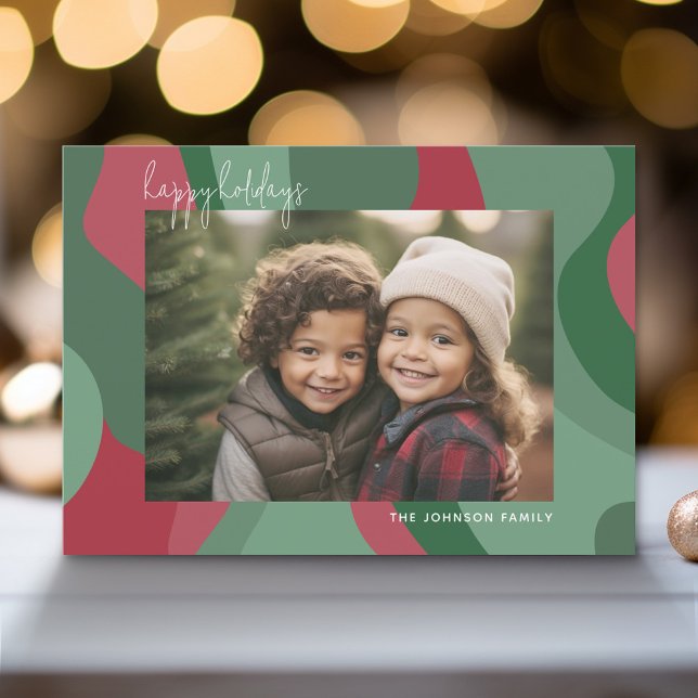 Cartes Pour Fêtes Annuelles Ligne biologique Art Abstrait - 1 Photo Vert Rouge (Modern Holiday Greeting Card with a Family Photo)