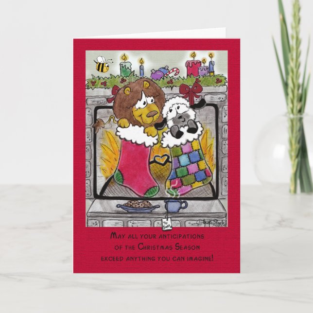 Cartes Pour Fêtes Annuelles Lion et agneau attendent Père Noël (Devant)