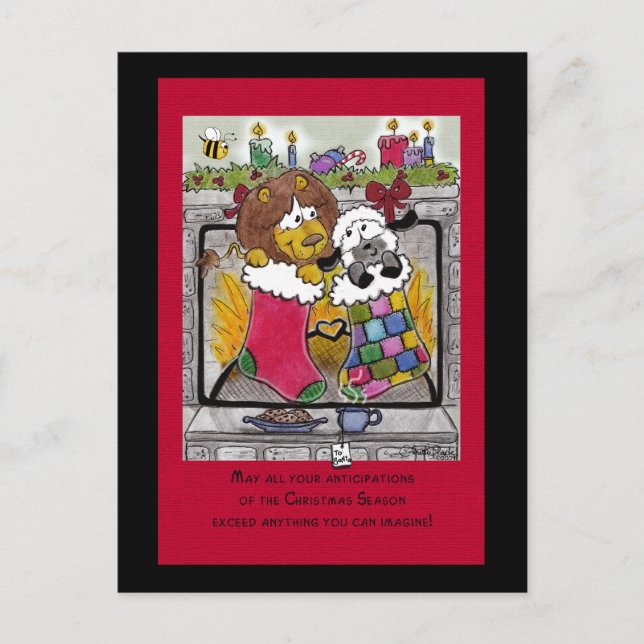 Cartes Pour Fêtes Annuelles Lion et agneau attendent Père Noël (Devant)