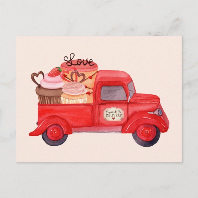 Cartes Pour Fêtes Annuelles Livraison de Saint Valentin Cupid Camion d'aquarel (Devant)